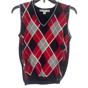 Vintage Tommy Hilfiger Argyle Vest Size Large 100% Cotton 90's Y2K Navy Blue Red